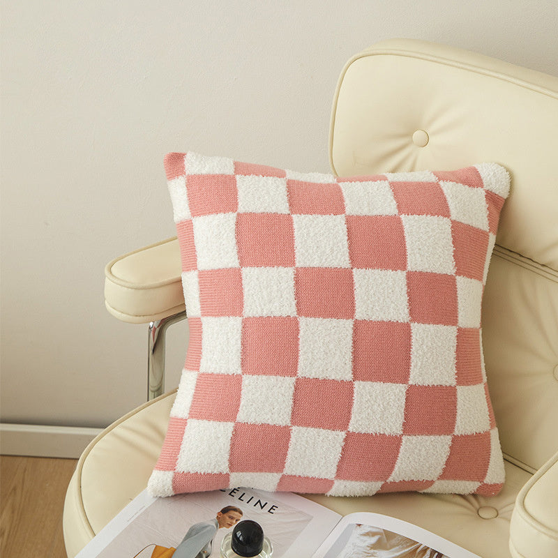 Checkerboard Plaid Plush Knitted Pillowcase