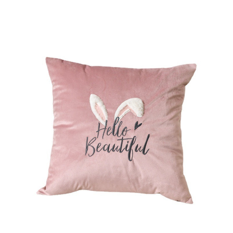 Rabbit Embroidered Velvet Plush Sofa Pillow Cover