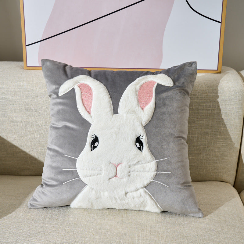 Rabbit Embroidered Velvet Plush Sofa Pillow Cover