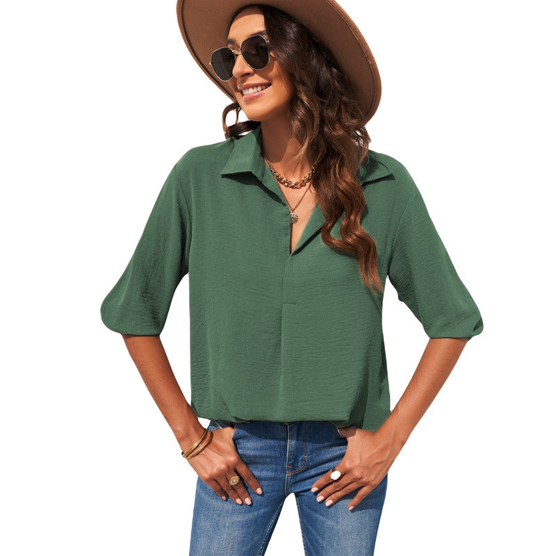 Polo Collar Solid Color Chiffon Blouse Women's Long Sleeve Loose Top