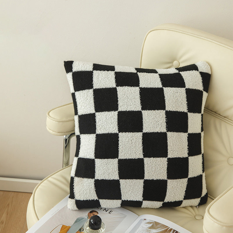 Checkerboard Plaid Plush Knitted Pillowcase