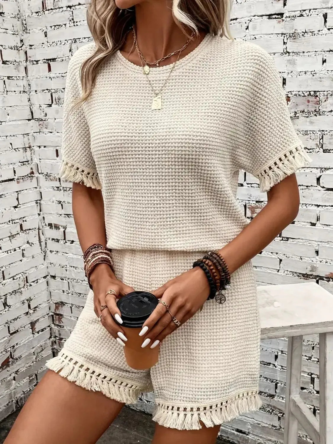 Riviera cream tassel round-neck top and shorts set for women