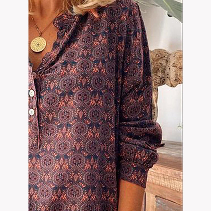 Retro Print Stand Collar Long Sleeve Loose Blouse