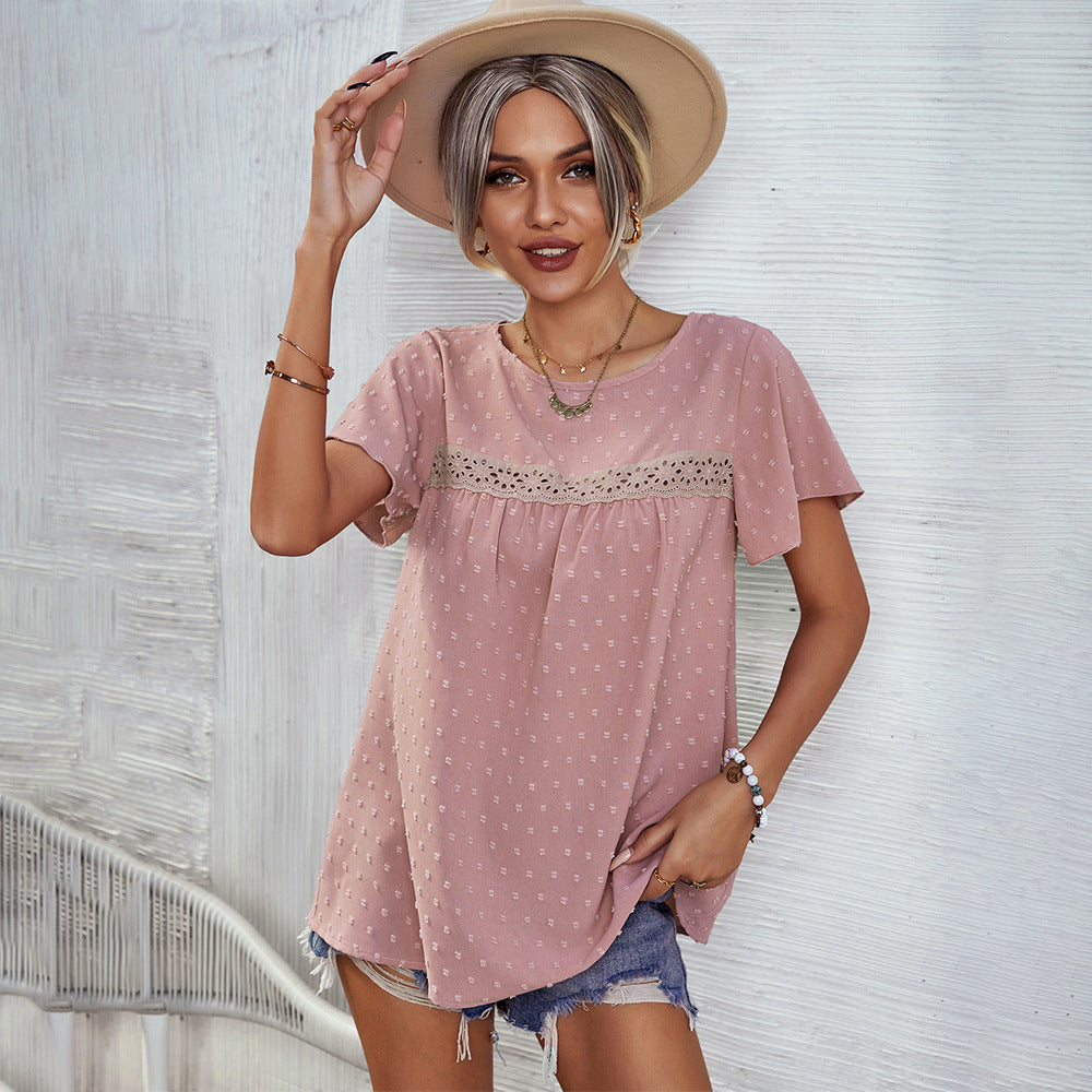 Short Sleeve Summer Tops Blouse Solid Color Lace Babydoll Shirts