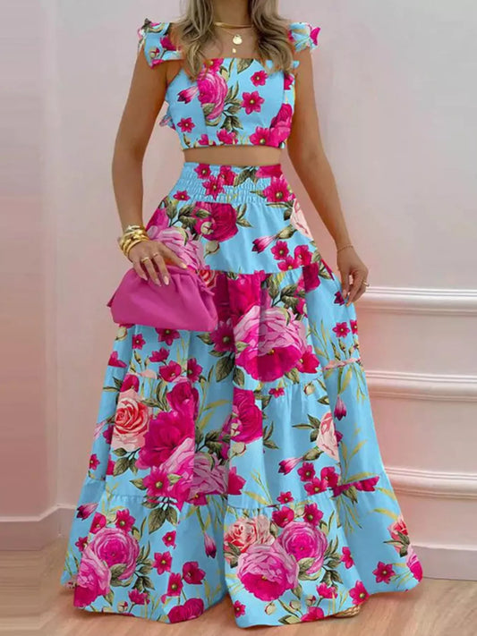 Color options for women’s ruffled crop top and tiered maxi skirt set