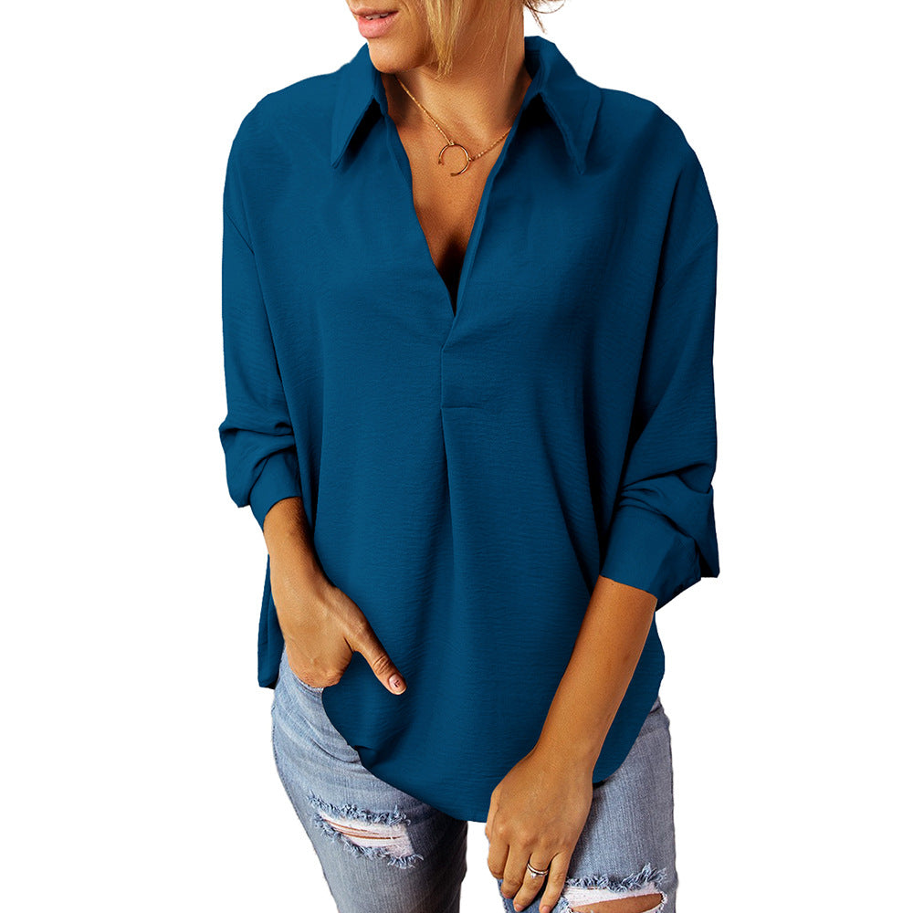 Polo Collar Solid Color Chiffon Blouse Women's Long Sleeve Loose Top