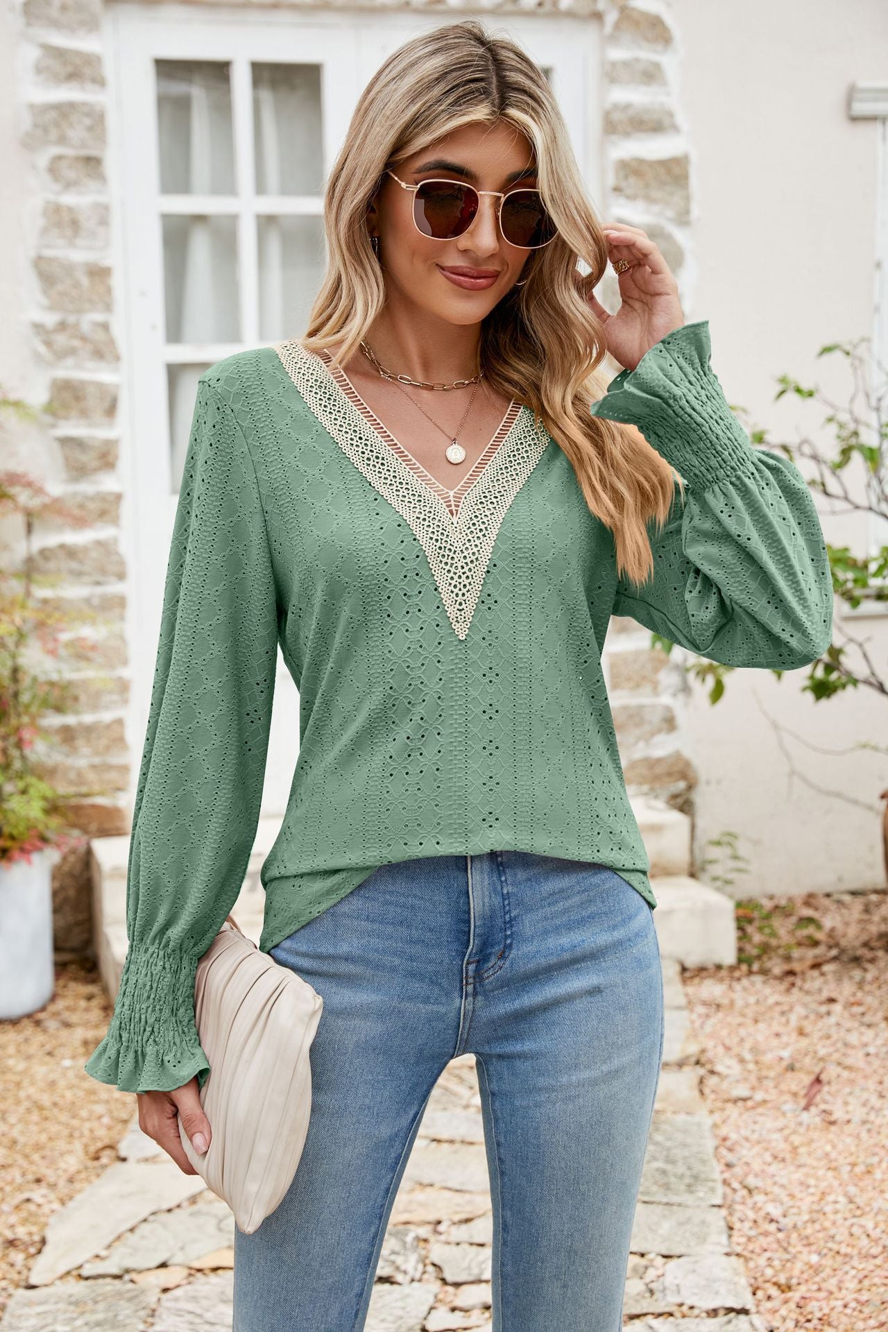 Solid Color Lace V-neck Patchwork Long Sleeve Loose-fitting T-shirt Top