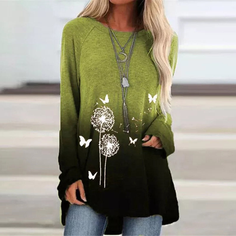 Printed Round Neck Long Sleeve Women's Blouse