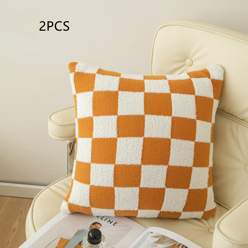 Checkerboard Plaid Plush Knitted Pillowcase