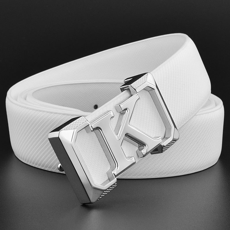 Close-up of modern geometric alloy buckle on men’s leather dress belt