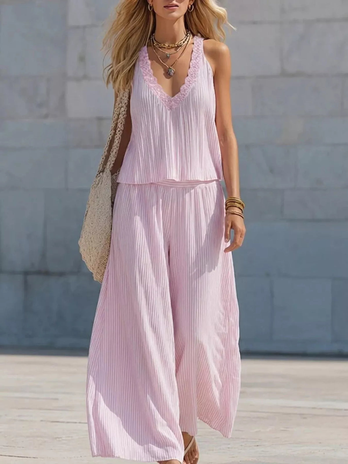 Amalfi pink striped tank and wide-leg pants vacation outfit for women