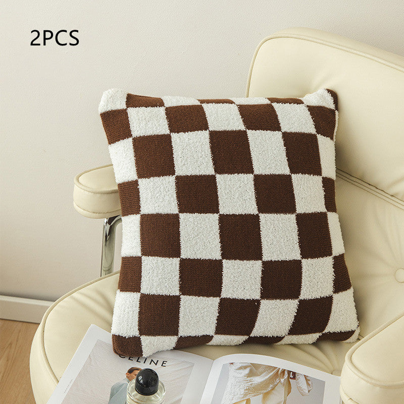 Checkerboard Plaid Plush Knitted Pillowcase