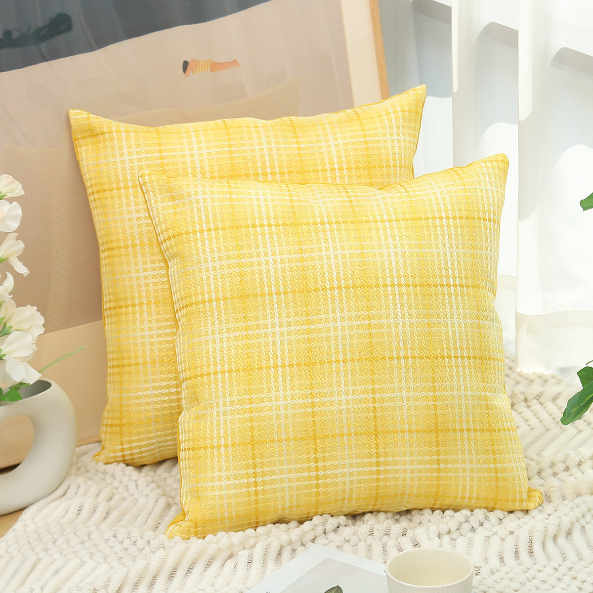 Plaid Linen Pillow Simple Cushion Cover Plain Light Luxury Sofa Cushion