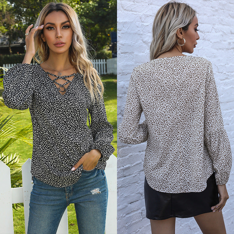 Chiffon Top Polka Dot V-Neck Loose Long Sleeve Ladies Blouse