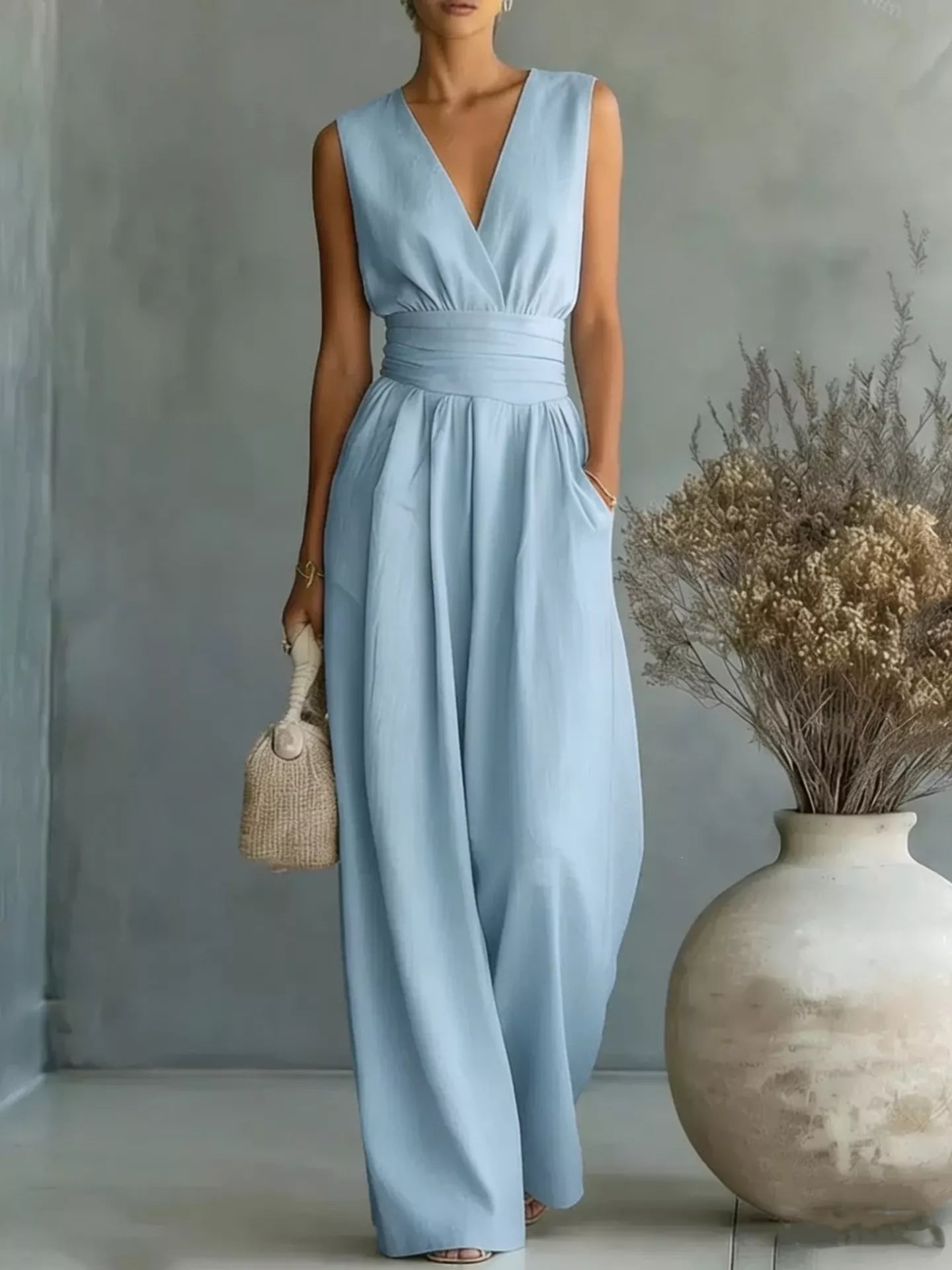 The Riviera Sleeveless Wide-Leg Jumpsuit in Coastal Sky Blue