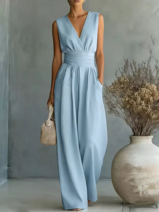 The Riviera Sleeveless Wide-Leg Jumpsuit in Coastal Sky Blue