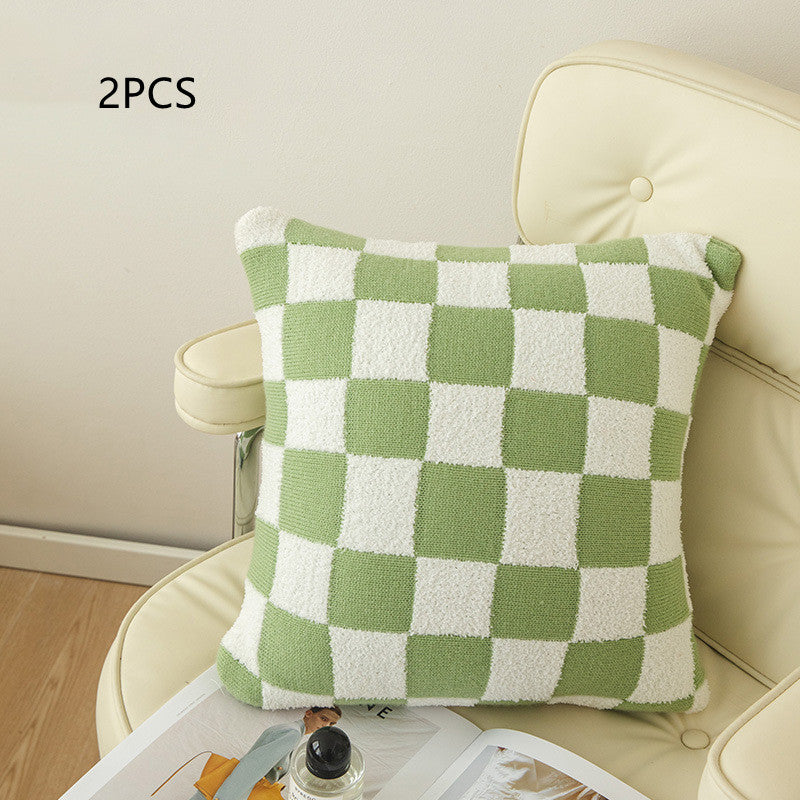 Checkerboard Plaid Plush Knitted Pillowcase