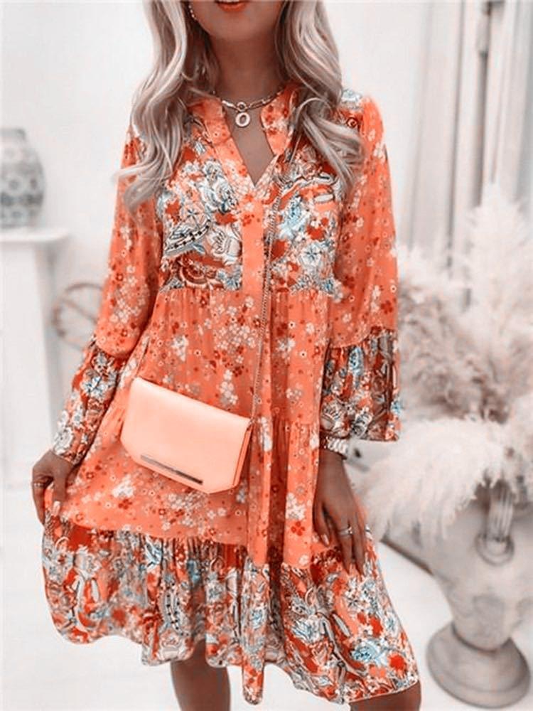 Women's Color Matching Printed Flared Sleeve Dress