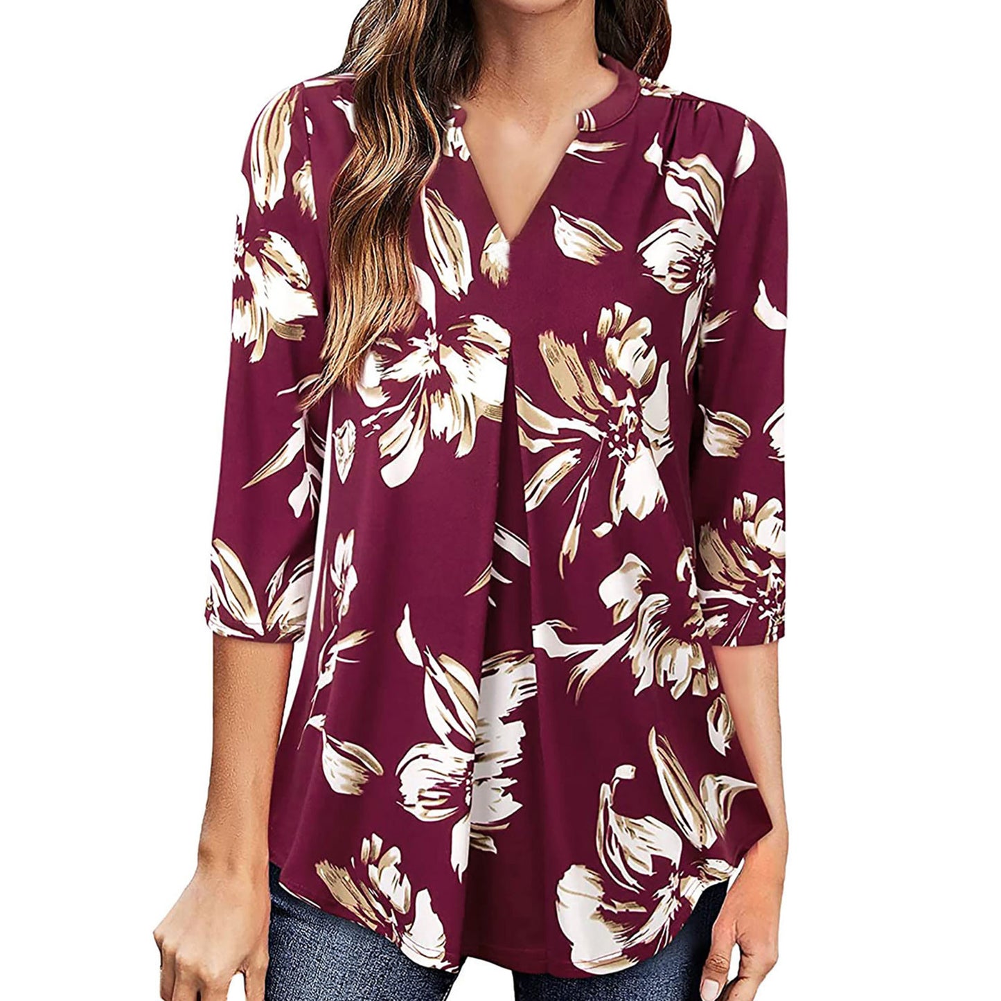 Flowers Print Tops V Neck Long Sleeve Flowers Print Shirt Women Blouse