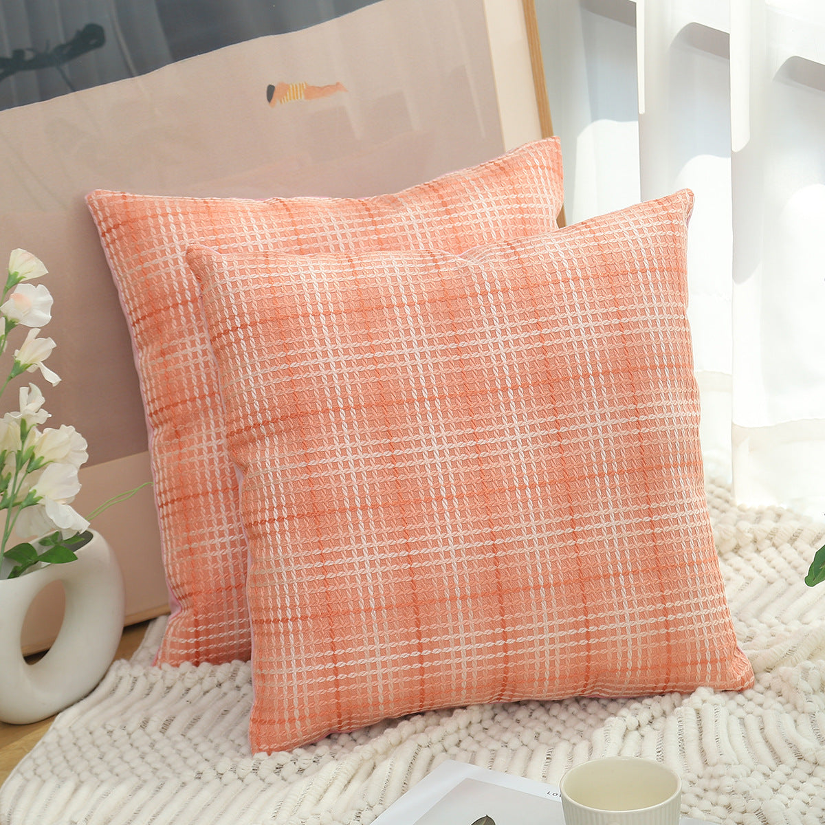 Plaid Linen Pillow Simple Cushion Cover Plain Light Luxury Sofa Cushion