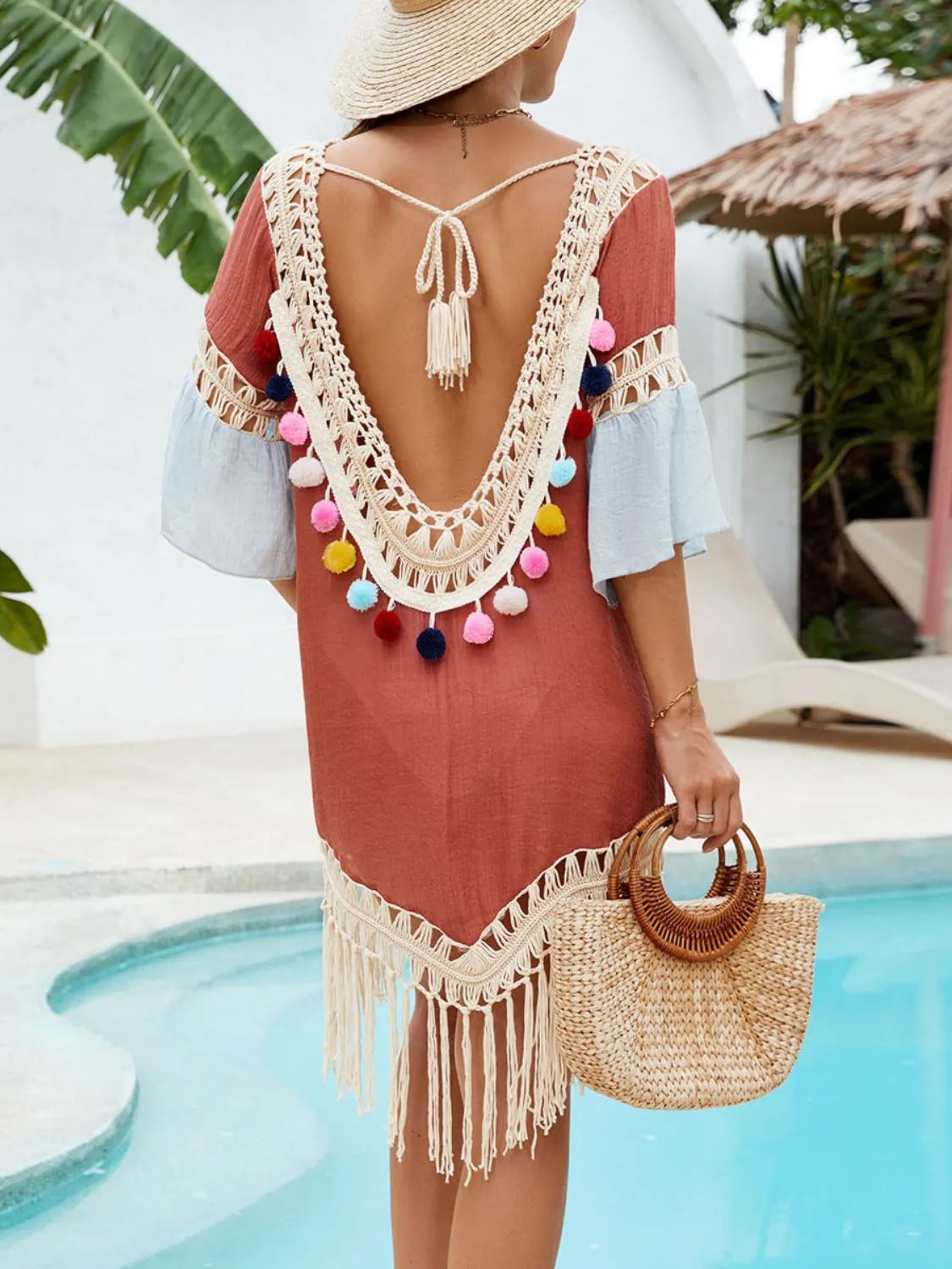 Backless terracotta swim cover-up with tie detail for resort vacations