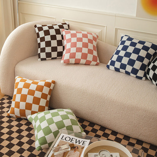 Checkerboard Plaid Plush Knitted Pillowcase