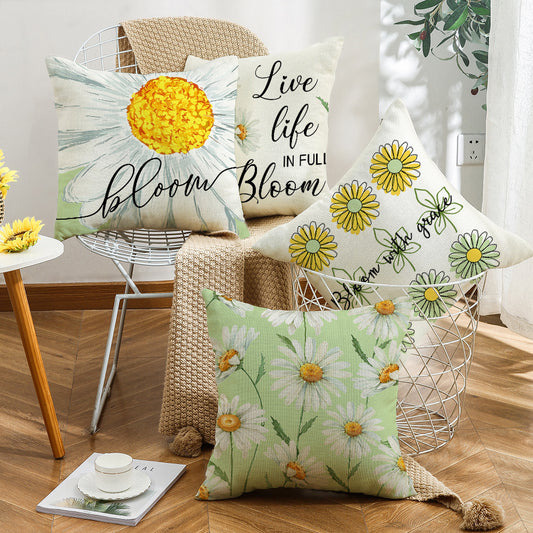 Summer Chrysanthemum Pillow Cover - Green Plant Flower Linen