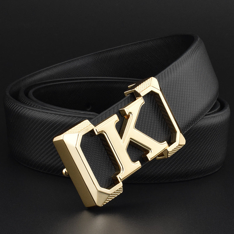 Black leather business belt with gold geometric buckle for men