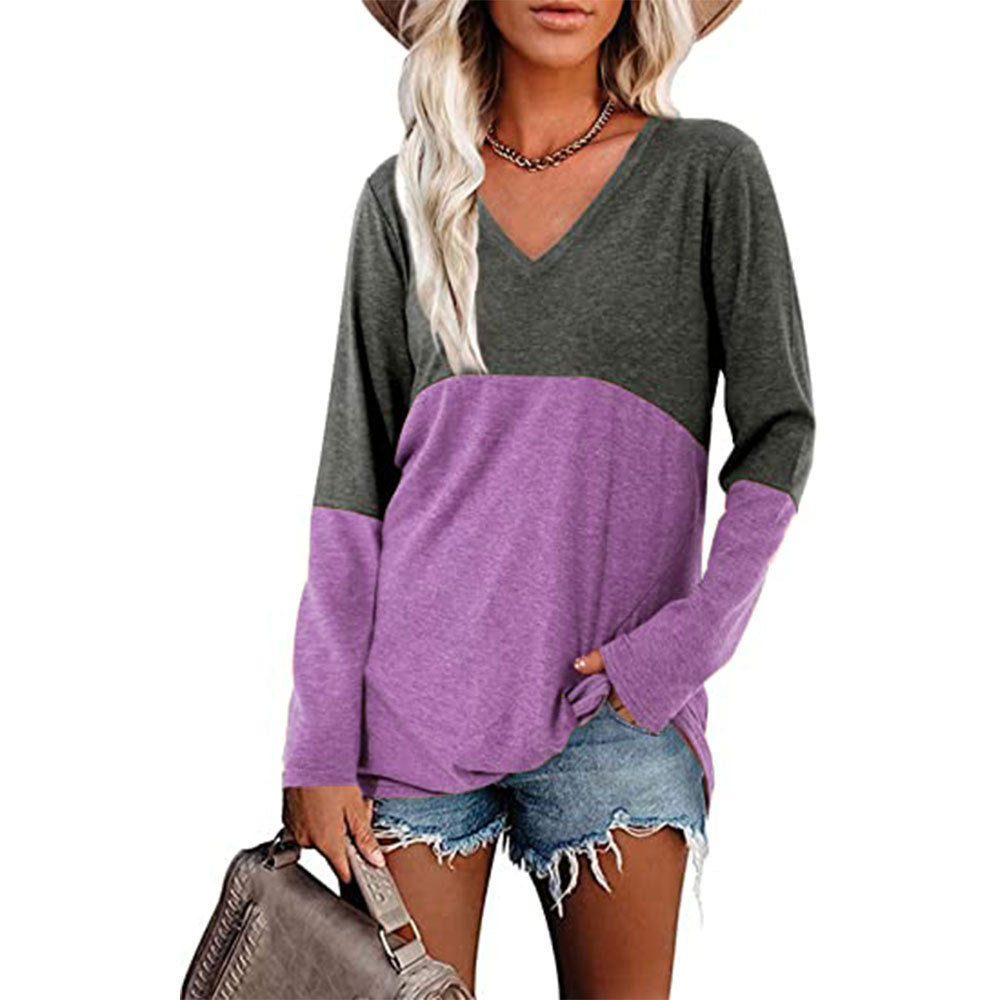 Contrast Panel V-Neck Long Sleeve Loose Blouse