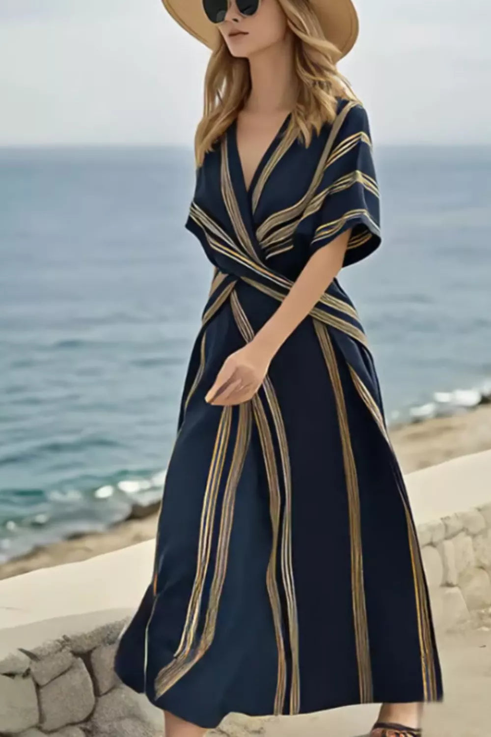 Dark navy striped wrap maxi dress for coastal vacations