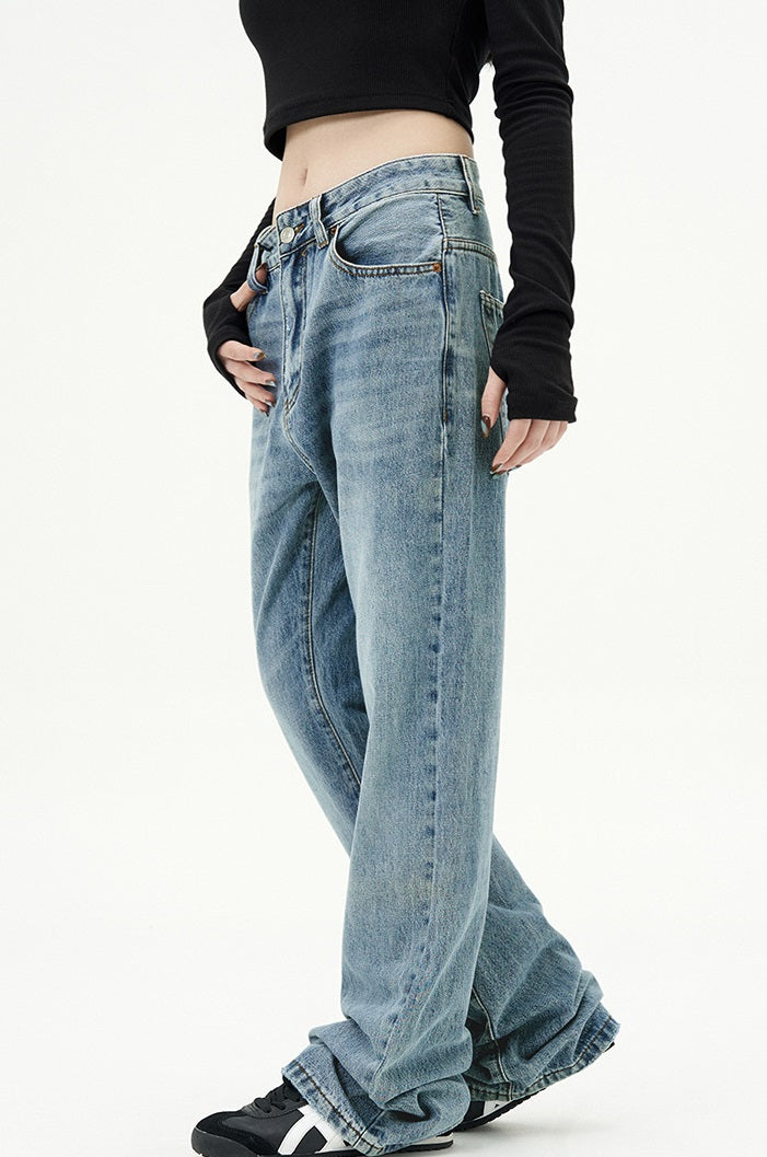 Simple Blue Jeans Straight American Basic Retro