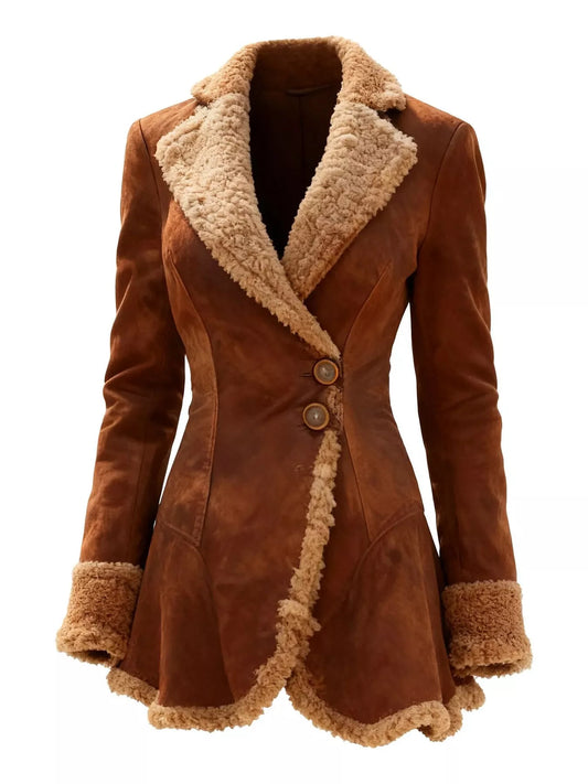 Aspen dark brown sherpa-trimmed suede-look coat for women