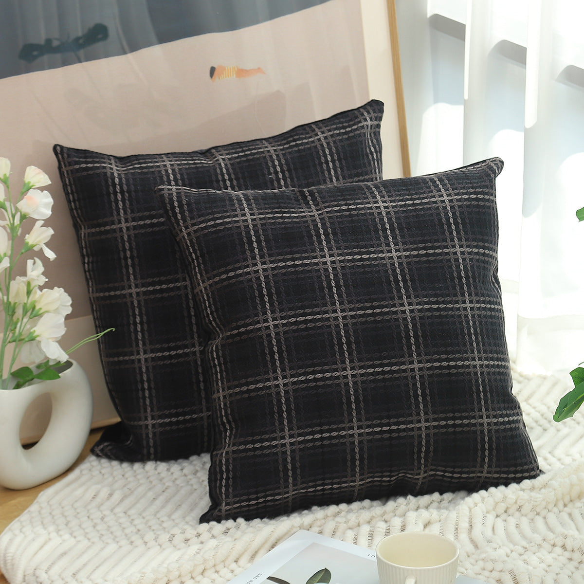 Plaid Linen Pillow Simple Cushion Cover Plain Light Luxury Sofa Cushion