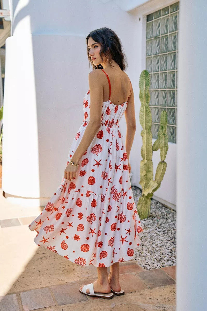 Amalfi-inspired lined midi dress for coastal dinners