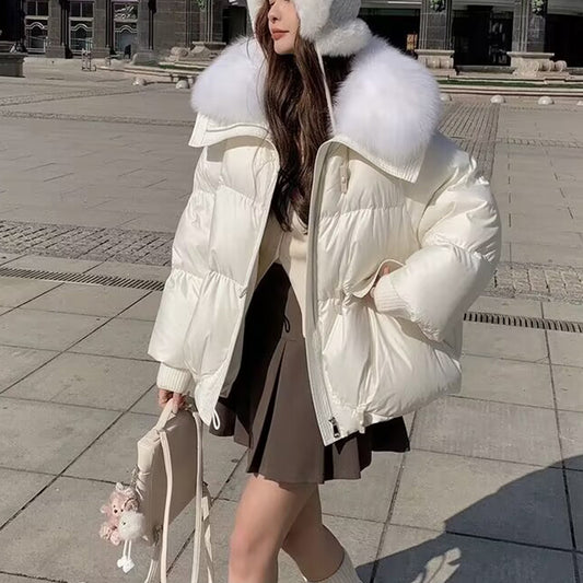 Women’s short padded winter jacket with plush collar detail