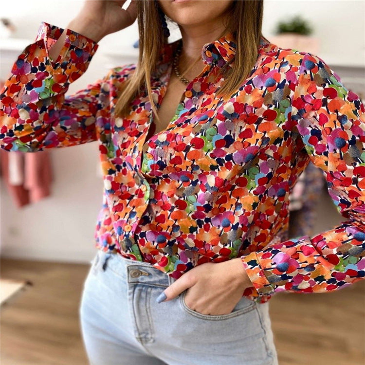 Women's Printed Long Sleeve Top Loose Casual Blouse