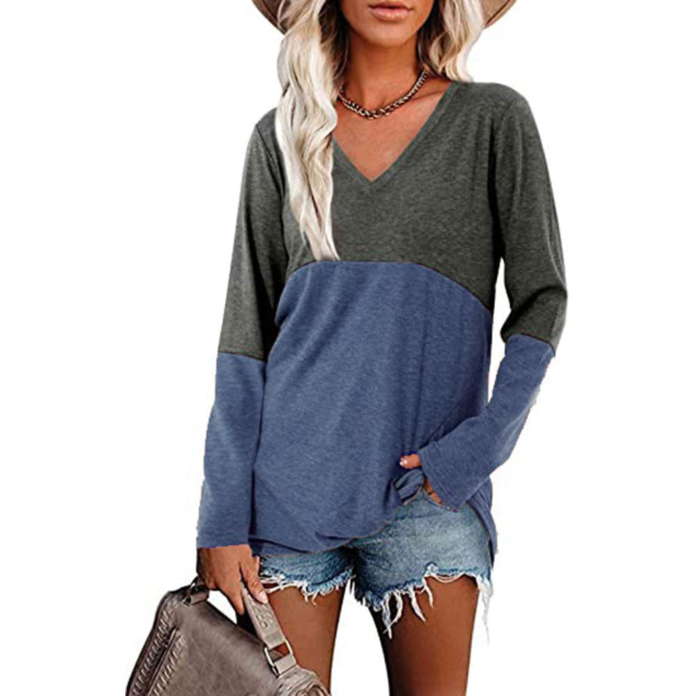 Contrast Panel V-Neck Long Sleeve Loose Blouse