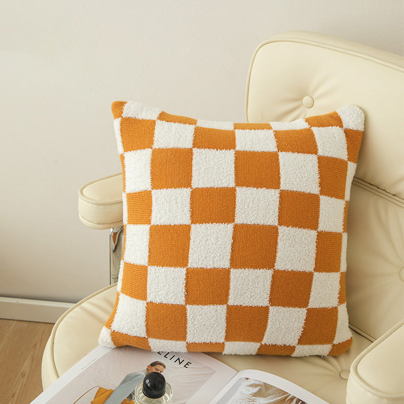 Checkerboard Plaid Plush Knitted Pillowcase