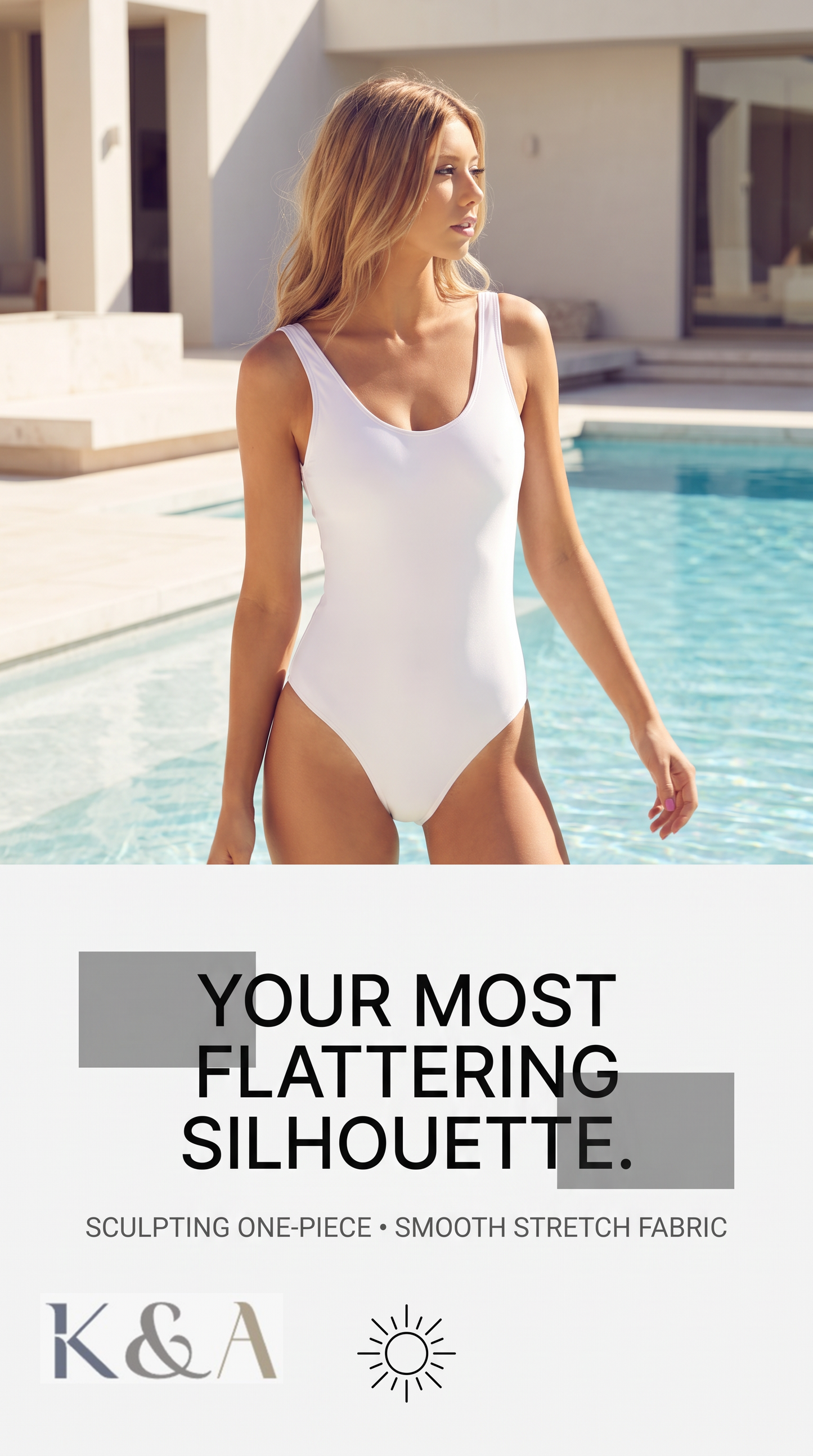 YOUR MOST FLATTERING SILHOUETTE.' and 'SCULPTING ONE-PIECE • SMOOTH STRETCH FABRIC.