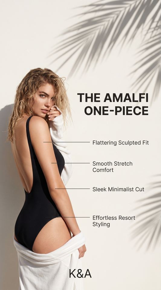 flattering sculpted fit, smooth stretch comfort, sleek minimalist cut, and effortless resort styling.