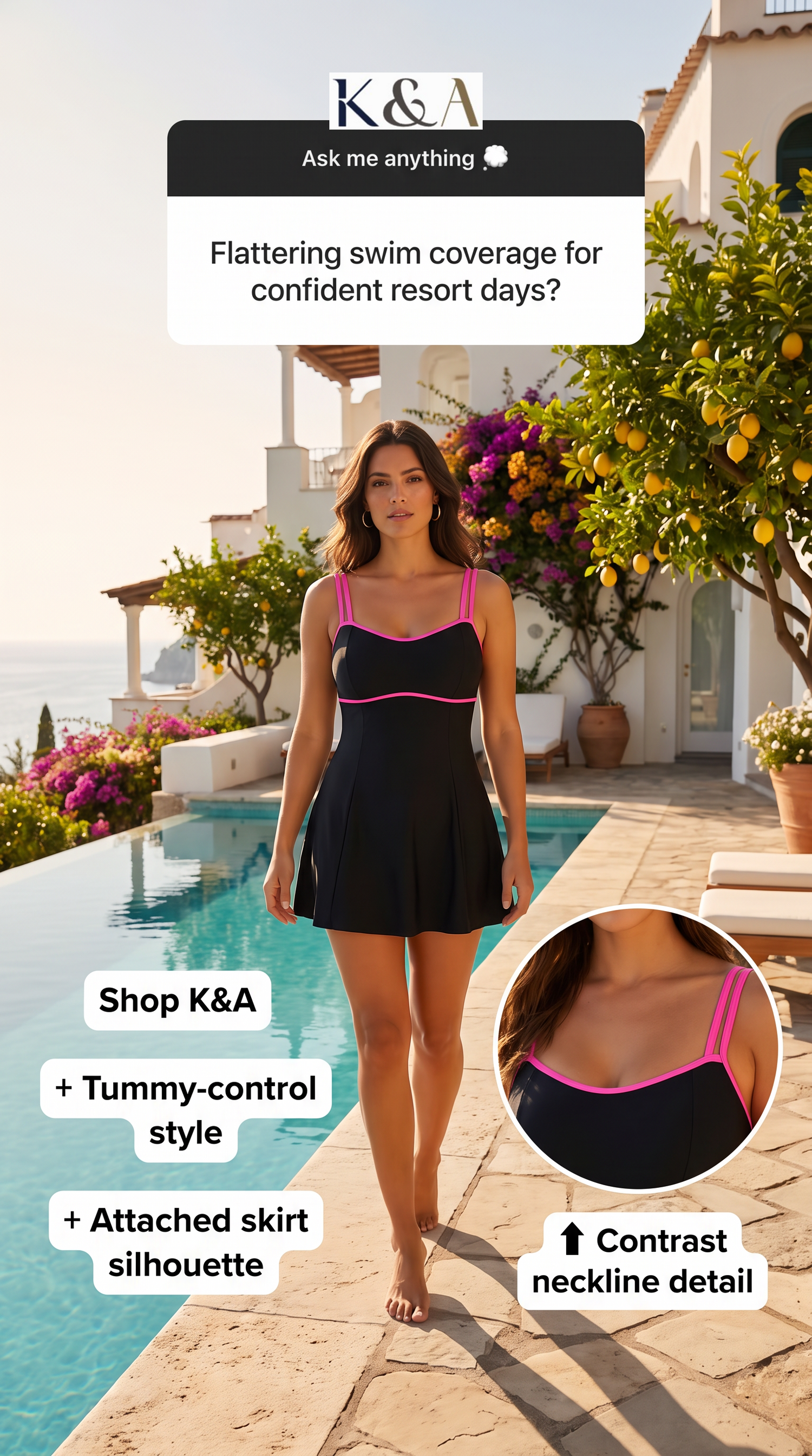 Black swim dress with bright pink trim. 