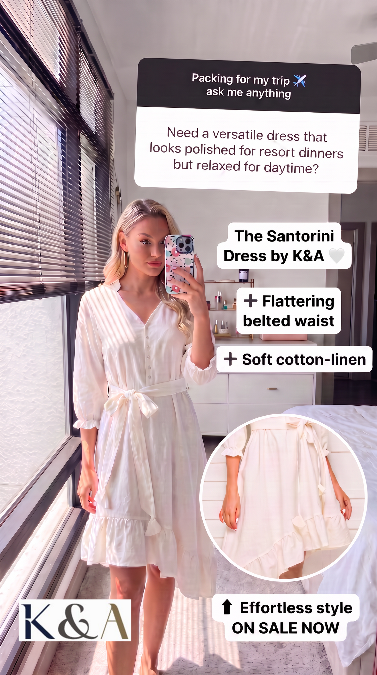 The Santorini White Cotton-Linen Belted Midi Dress