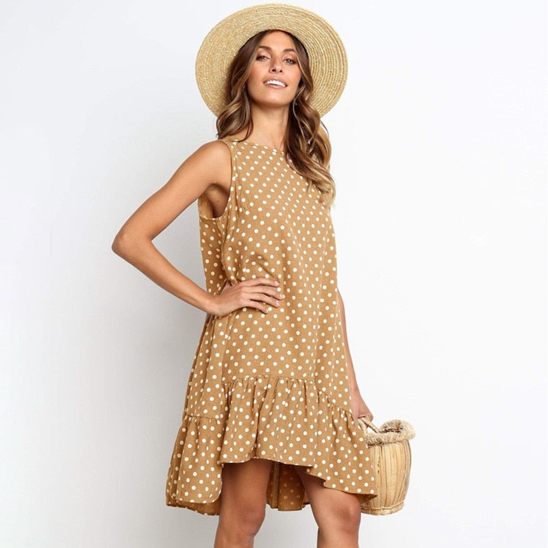 Dress features a fashion Polka Dot print, Sleeveless cut, Casual style, and a Loose fit.