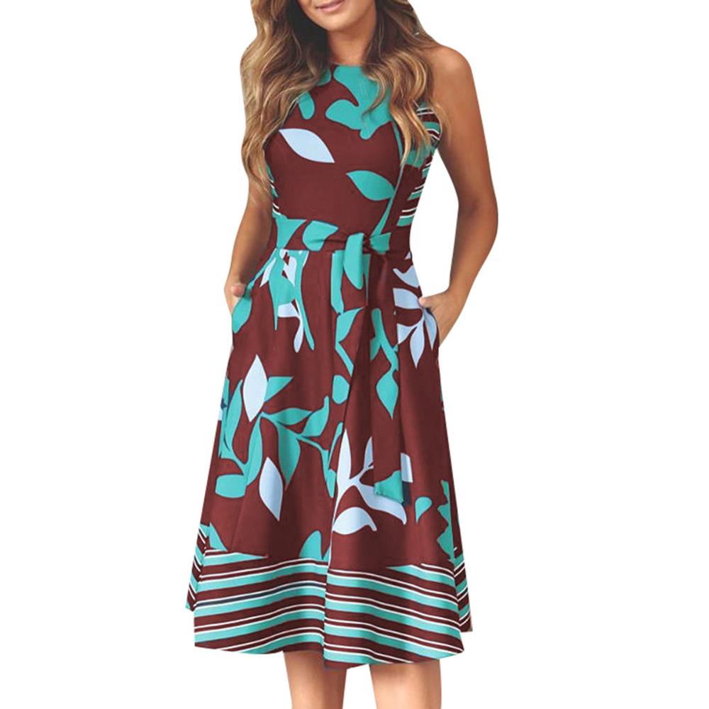 NEDEINS Women Printed Dress features an O-Neck and Sleeveless design, as well as an A-Line silhouette and Boho Sashes.