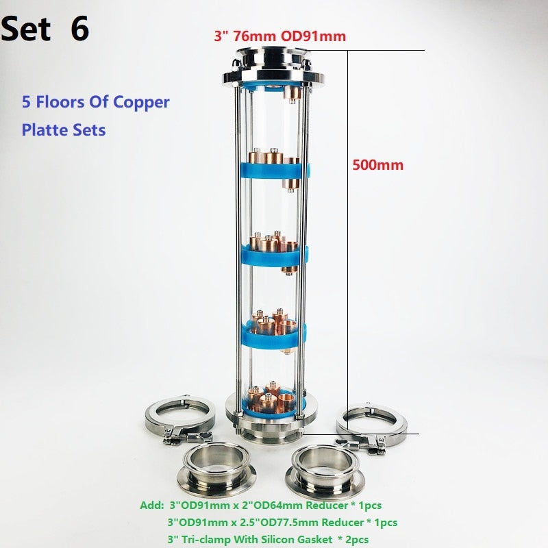 5 Floors 3" Distillation Lens Column With Copper Platte Sets,Tri-Clamp Sight Glass Union Stainless Steel 304