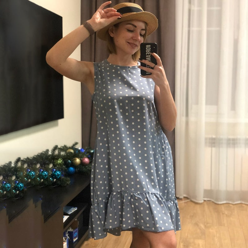 Women Summer Dress Fashion Polka Dot Sleeveless Beach Mini Dress For Women Casual Print Short Loose Blue Sundress 2022 Plus Size