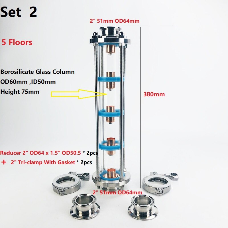 5 Floors 2" Distillation Lens Column With Copper Bubble Platte Sets,Tri-Clamp Sight Glass Union, Stainless Steel 304