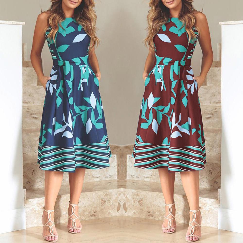 NEDEINS Women Printed Dress features an O-Neck and Sleeveless design, as well as an A-Line silhouette and Boho Sashes.