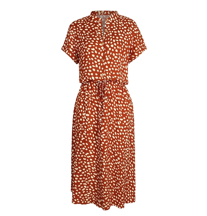 Bohemian Leopard Print Shirt Dress; Casual Midi Holiday Dress; Female A-Line Loose Women Beach Dress