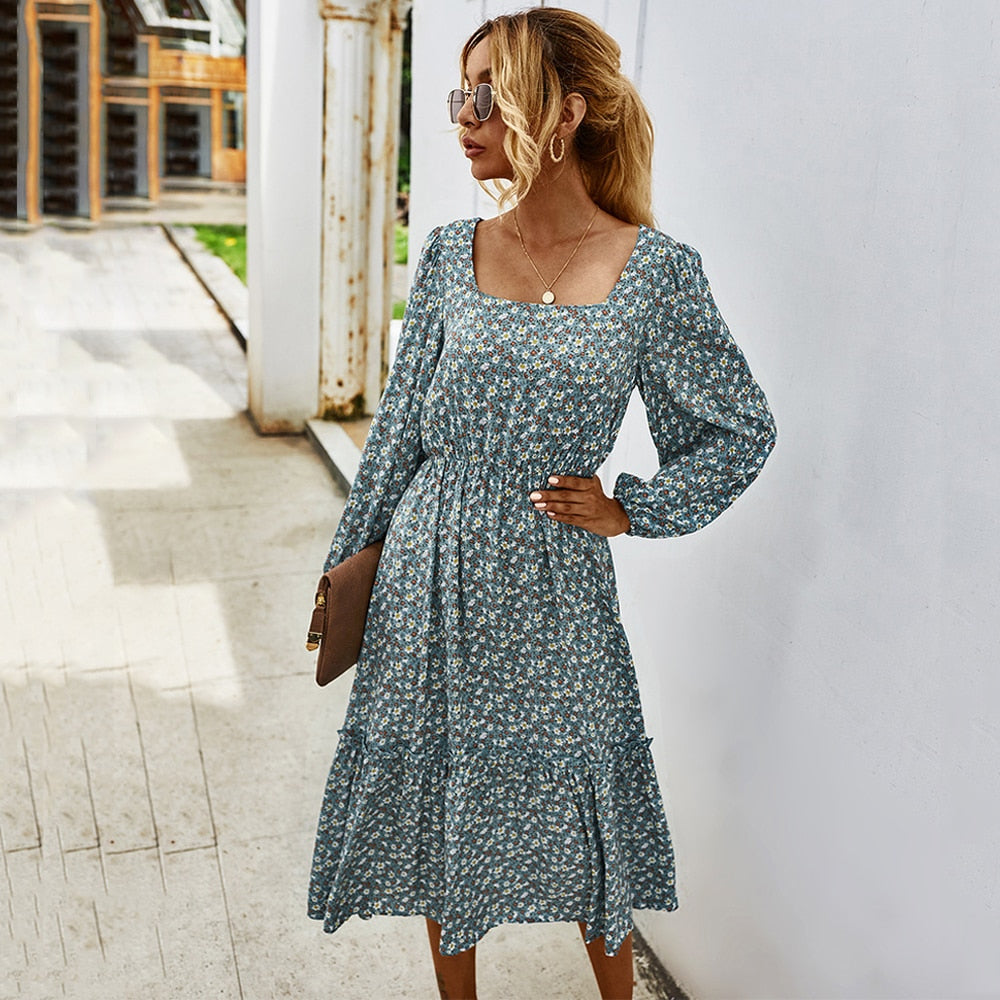 Women's Long Dress for Autumn & Winter featuring Long Sleeve, Elegant Floral print with Square Collar.